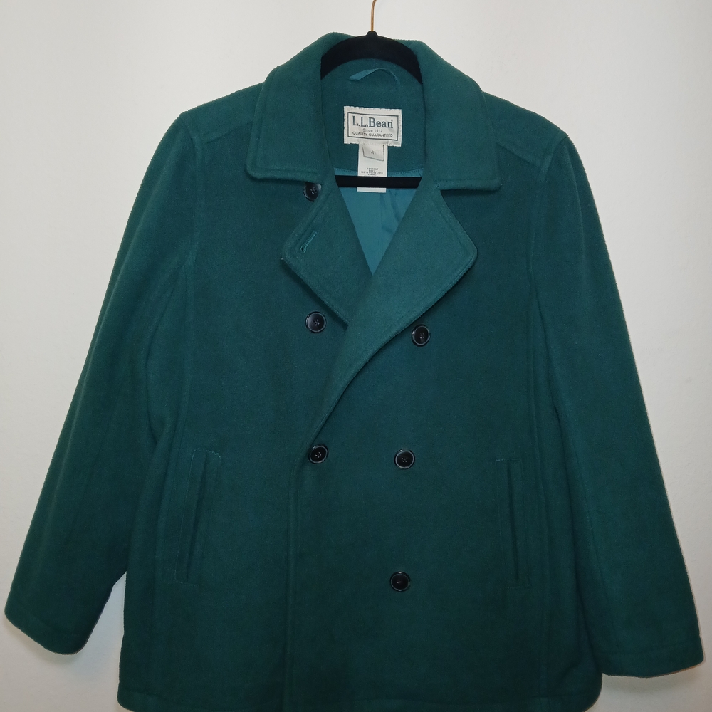 LL Bean Pea Coat Womens Size Large Green Fleece Classic Y2K Preppy 2010s